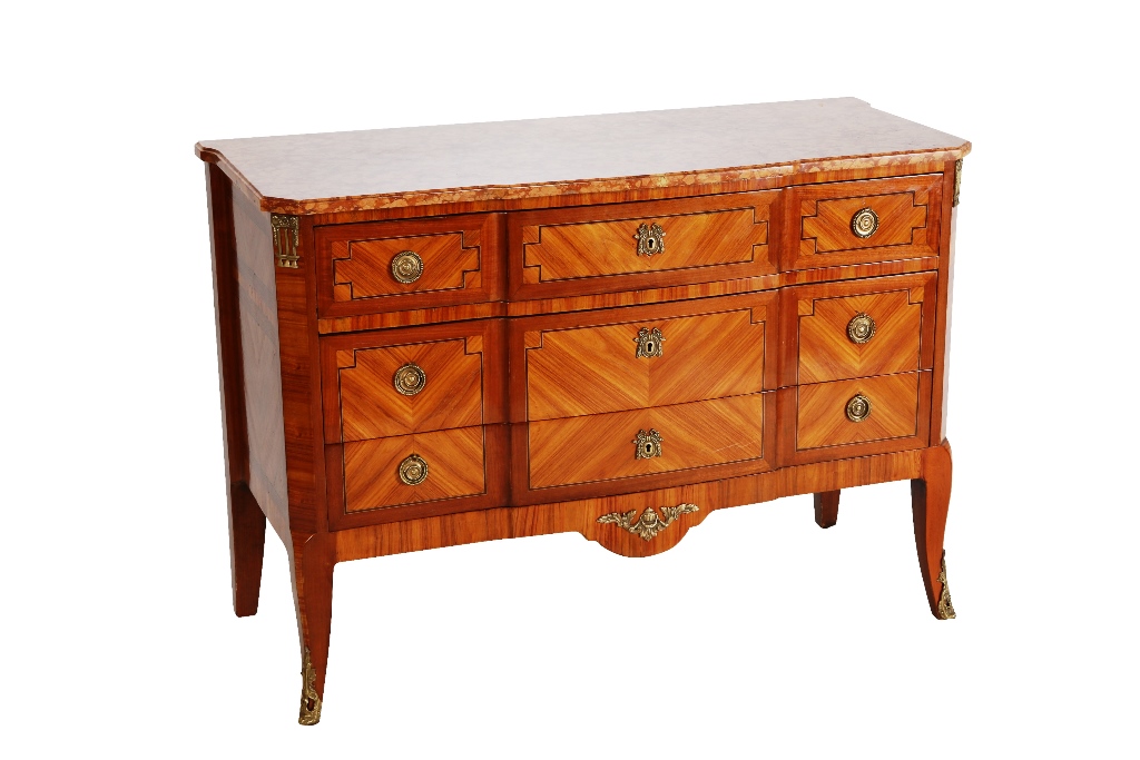 A Louis XVI style marble topped commode, the moulded rectangular top with slightly projecting