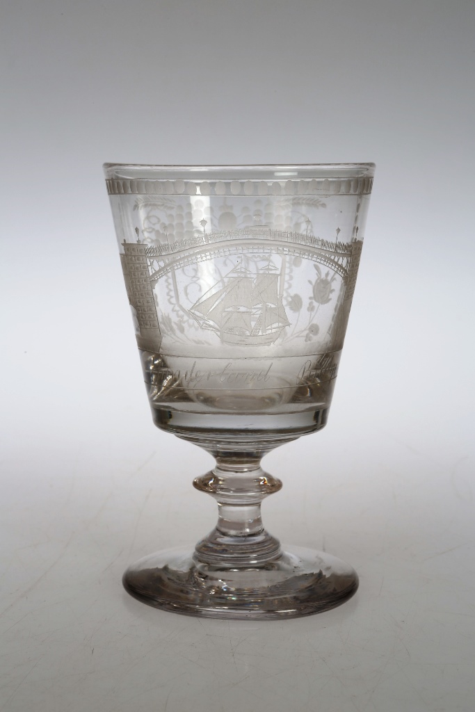 A Sunderland glass rummer, 19th century, the tapering bucket bowl raised on a knopped stem, engraved