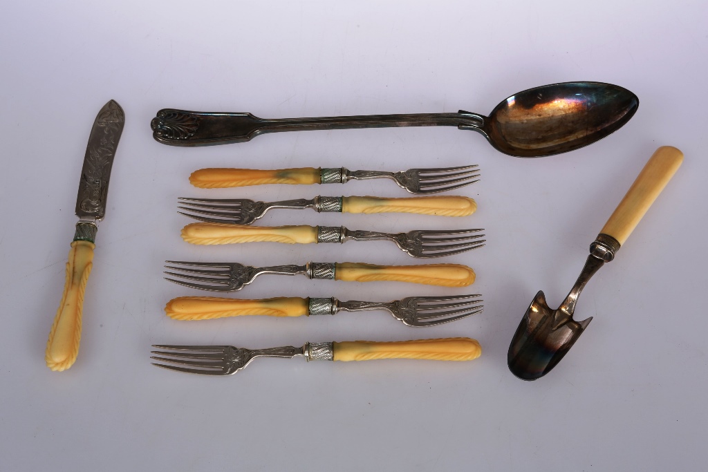A group of silver and silver plate, including six silver dessert forks, silver collared cheese