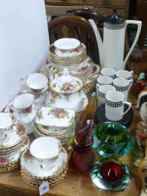 Royal Albert Country Roses Tea China, Portmeirion Pottery Coffee Set and Four Pieces of Art Glass
