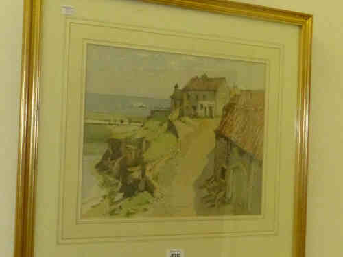 B R Townend ' Cottage with Path to a Harbour', watercolour, 25cm x 33cm, framed