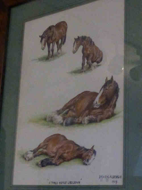 DM & EM Alderson 1969 'A Tired Horse Lies Down', watercolour, 27cm x 19cm, framed