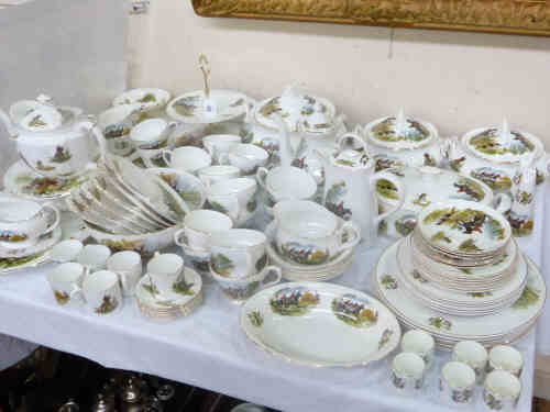 A Newcastle Upon Tyne China Dinner, Tea and Coffee Service Decorated with Horse Hunting Scenes