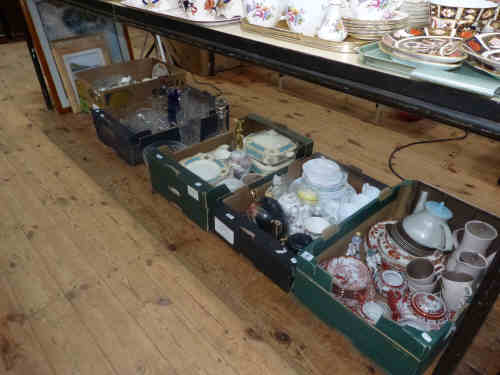 Five Boxes of Wine Glasses, Poole Coffee Set, Japanese Tea Set, Sundry China and Pictures