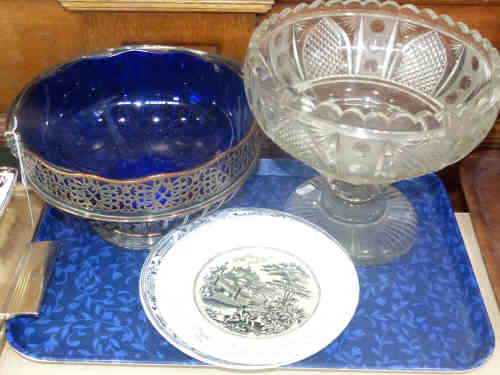Cut Glass Pedestal Bowl, Silver Plated Pedestal Bowl with Blue Glass Liner and Two Transfer