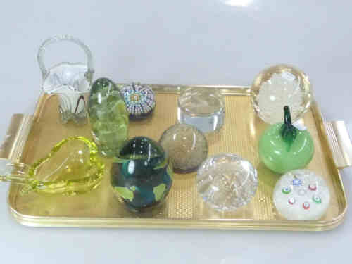 Nine Glass Paperweights, Glass Basket and a Dish