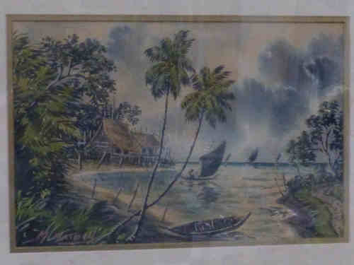 M Naiden, 'Far Eastern Scene with Cottages and Boats', watercolour, 19.5cm x 29cm, in bamboo style
