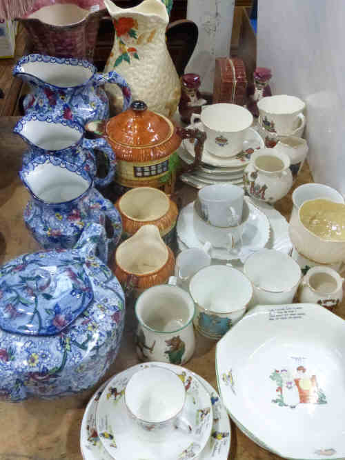 Ringtons Chintz Teapot, Three Jugs, Three Piece Cottage Ware Tea Set, Crested China and a Clarice