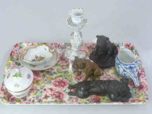 Continental Candlestick, Cup and Saucer, Small Bowl and Cover, Dish, Three Bulldog Sculptures