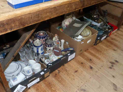 Six Boxes of Old Bottles, Wine Glasses, Silver Plated Ware, Brassware, China Ornaments and