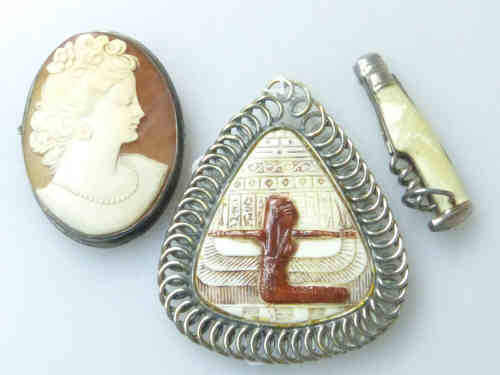 Egyptian Revival Brooch, Cameo Brooch and Pen Knife