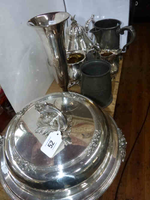 Three Piece Silver Plated Tea Set, Vase, Trio Dish and Lid, Liberty English Pewter Solkets