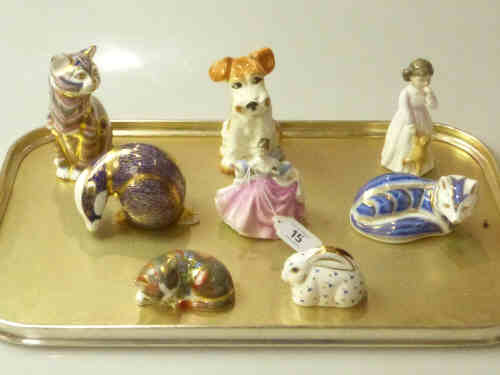 Five Royal Crown Derby Animal Paperweights, Two Royal Doulton Figurines and a Sylvac Dog