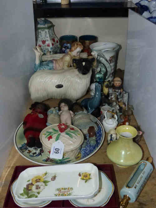 Poole Pottery Sea Lion, Wade Whimsies, Four Small Dolls, Hummel Monk, Pair Corona Ware Vases etc