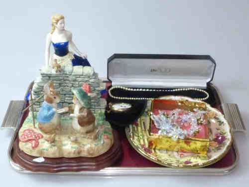 Royal Doulton Figure, Beatrix Potter Group, Waltham Pocket Watch, Two Necklaces and Bracelet etc