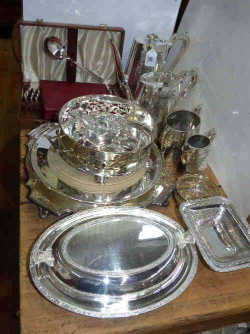 Quantity of Silver Plated Ware including Four Piece Tea and Coffee Set, Entree Dish, Bread Board