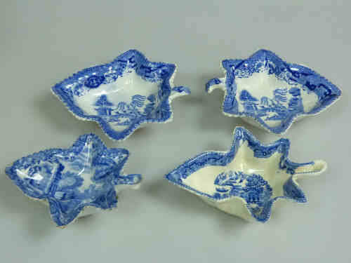 Four 19th Century Leaf Shaped Blue and White Pickle Dishes