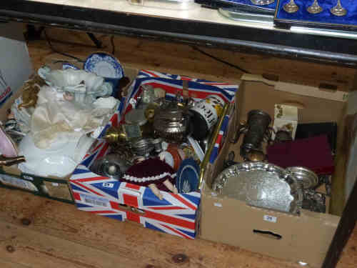 Three Boxes of Sundry China, Silver Plated Ware etc