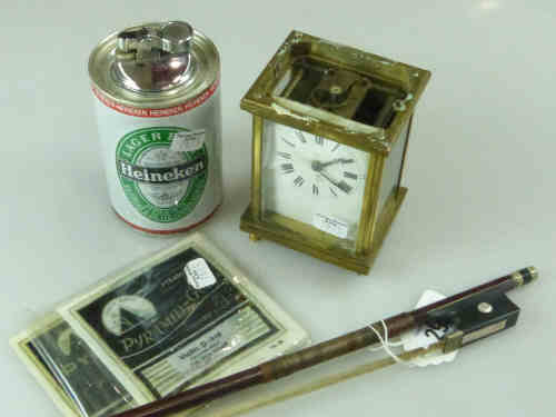 Carriage Clock (a/f), Violin Bow and Strings (Unmarked) and Lighter (3)