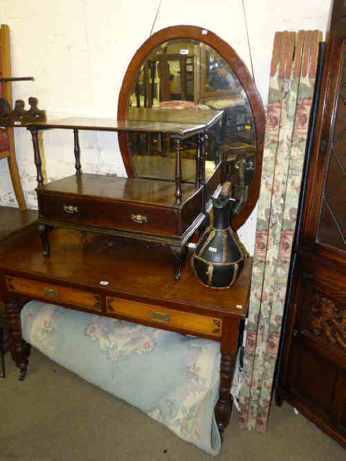 Victorian Walnut Dressing Table Base, Walnut Whatnot, Two Folding Vanity Screens, Oval Framed