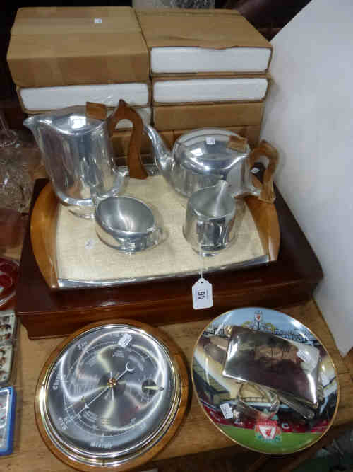 Canteen of Cutlery, Four Piece Picquot Ware Tea Set and Tray, Thirteen Collectors Plates, Barometer,