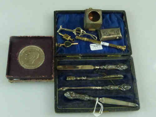 Silver Handled Cased Manicure Set, Silver Vesta, Watch Keys etc