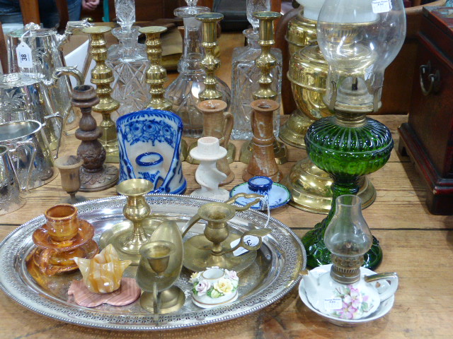 Two Brass Oil Lamps, Two Pairs of Brass and Other Candlesticks, Three Glass Decanters