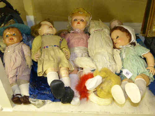 Collection of Vintage Dolls and Parasol