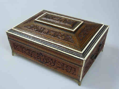 19th Century Carved Wood Indian Box Inlaid with Ivory having Fitted Interior