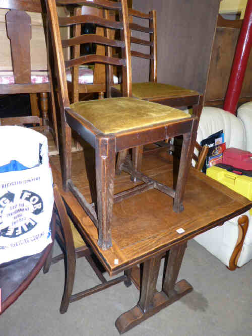 Oak Draw Leaf Dining Table and Four Wavy Ladder Back Chairs