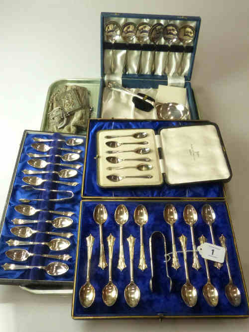 Collection of Cased Silver Plated Teaspoons, Card Case and Two Mesh Purses
