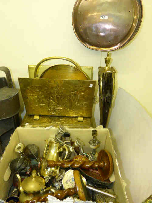 Copper Warming Pan, Collection of Brassware and Silver Plate etc