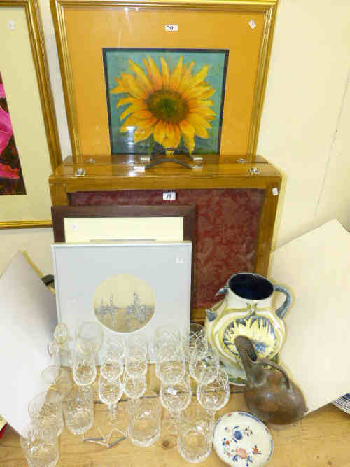 Large Oriental Picture, Two Floral Pictures, Two Display Cases, Glassware, Vases, Plates etc