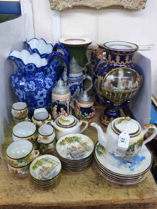 Japanese Tea Service, Three Vases, Two Blue Floral Decorated Jugs etc