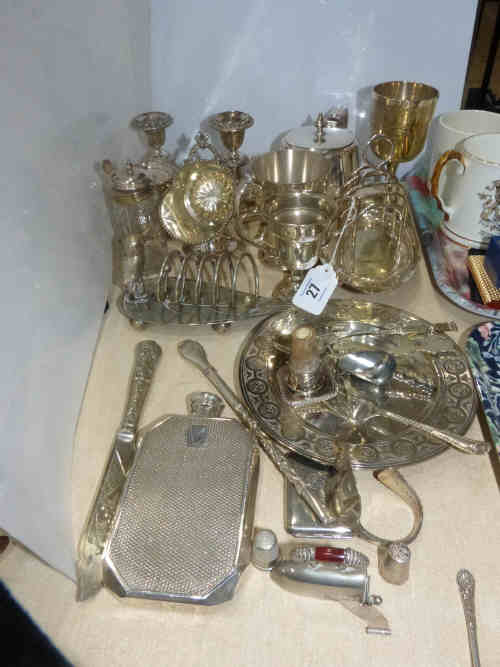 Collection of Silver Plated Ware including Pair of Candlesticks, Two Toast Racks, Hip Flask, Two