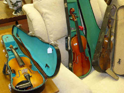 Three Various Violins and Single Bow, All Cased
