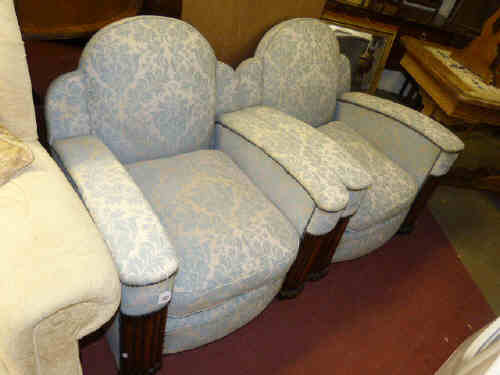 Pair Deco Style Easy Chairs with oak trim