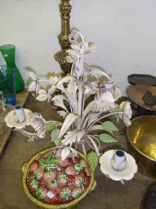Three-branch Floral Design Light Fitting, Gilt Table Lamp, Stand and Strawberry Dish and Cover