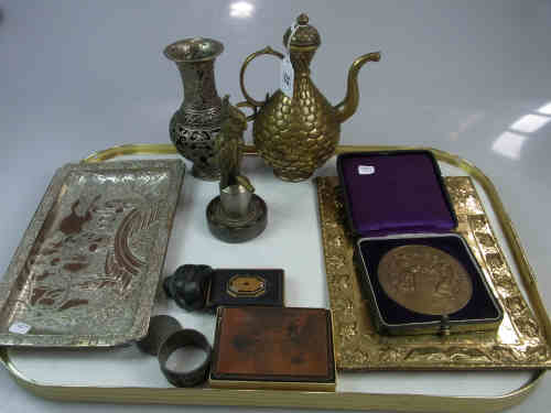 Eastern Brass Coffee Pot, Silver Plated Vase and Tray, Cased Continental Medallion and Other