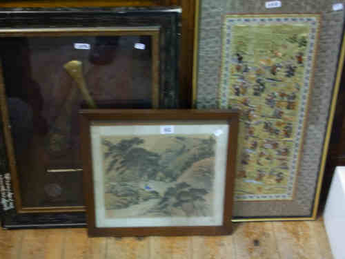 Framed Chinese Watercolour, Embroidery, Gamekeeper's Implements and Chinese Walking Cane (4)