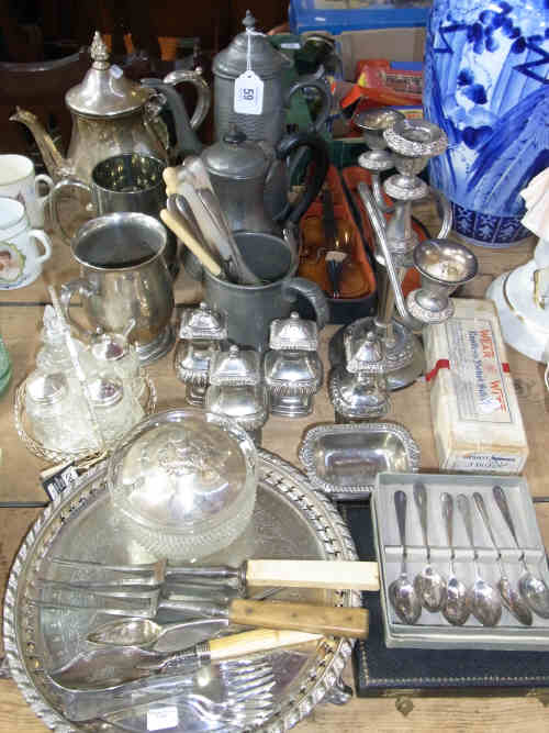 Quantity of Silver Plated Ware, Two Pewter Coffee Pots, Tankard etc