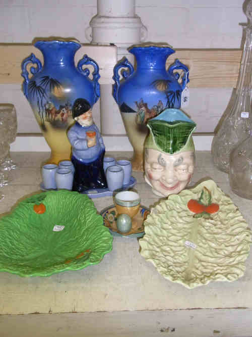 Pair of Arabian Design Vases, Character Jug, Two Leaf Dishes, Liqueur Set and Egg Cup