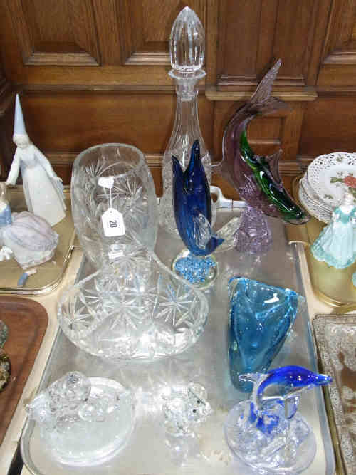 Cut Glass Decanter, Basket Vase and Three Art Glass Fish etc