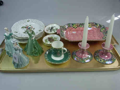 Three Small Coalport Figurines, Maling Dish, Pair of Candlesticks, Three Floral Decorated Plates