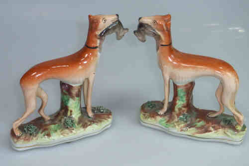 Pair XIXth Century Staffordshire Greyhounds with Hares