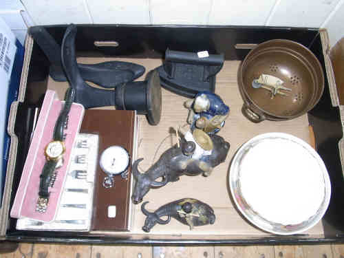 Box of Collectables including Two Gent's Wrist Watches, Stop Watch, Flat Iron, Two Cobblers Feet,