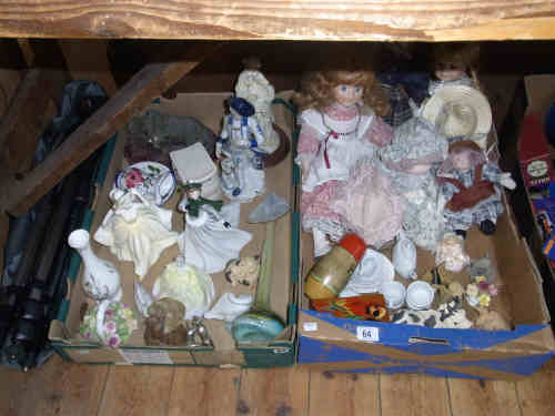 Two Boxes of Dolls, Three Coalport Figurines, Lladro Swan, Art Glass Vases, Bunnykins Money Box,