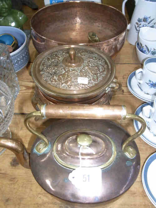 Copper Kettle, Large Bowl, Embossed Pot on Stand, Pair Brass Shoes