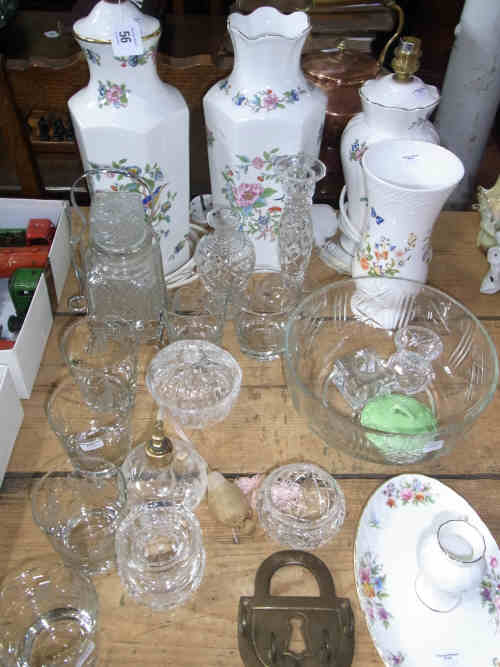 Two Aynsley Table Lamps, Two Vases, Glassware including Scent Bottle, Six Tumblers, Bowl etc