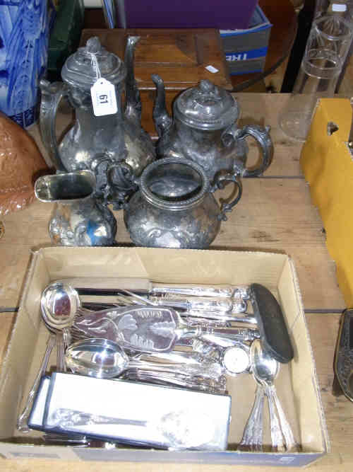 Box of Silver Plated Cutlery, Pair of Vintage Spectacles, Wrist Watch, Four Piece Tea Service, Oak